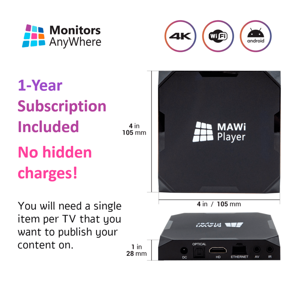 MAWi Player Androidbased device to run the Online Monitors AnyWhere 1 Year Subscription