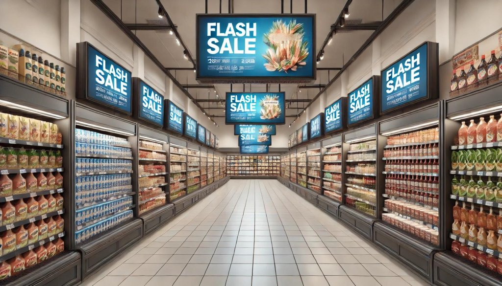 Supermarket aisle with digital signage screens on top, displaying a flash sale and seasonal promotions, with shelves stocked with products.