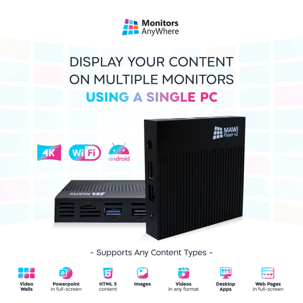 MAWi Player v2 powering video walls for NOCs and SOCs and Digital Signage in Retail