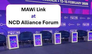 A digital signage screen displaying event schedules and speaker details at the 4th Global NCD Alliance Forum in Kigali, Rwanda, powered by MAWi Link.