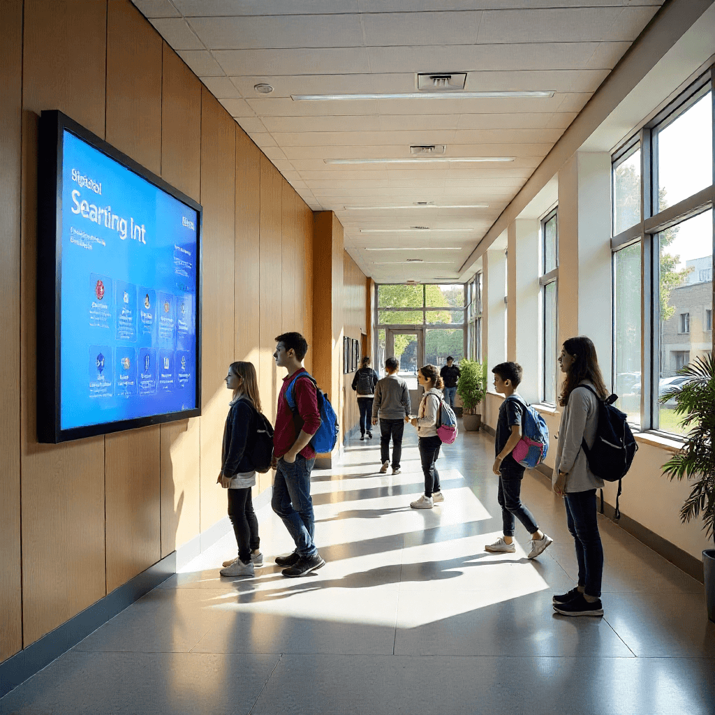school lobby with video wall
