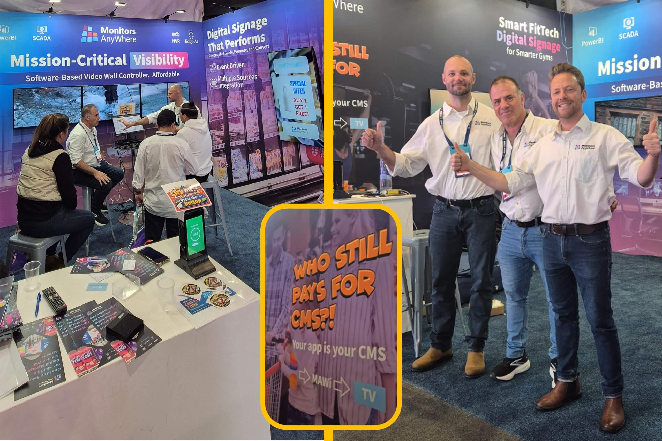 Monitors AnyWhere team at ISE 2026 booth demonstrating software-based video wall controller and digital signage solutions, including CMS Free Zone and smart fit-tech applications.